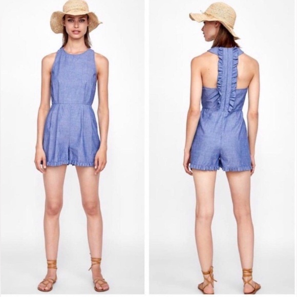 Zara Pants - NWT ZARA Denim Ruffle Playsuit Romper Mini Crew Chambray Light Blue Cotton Linen